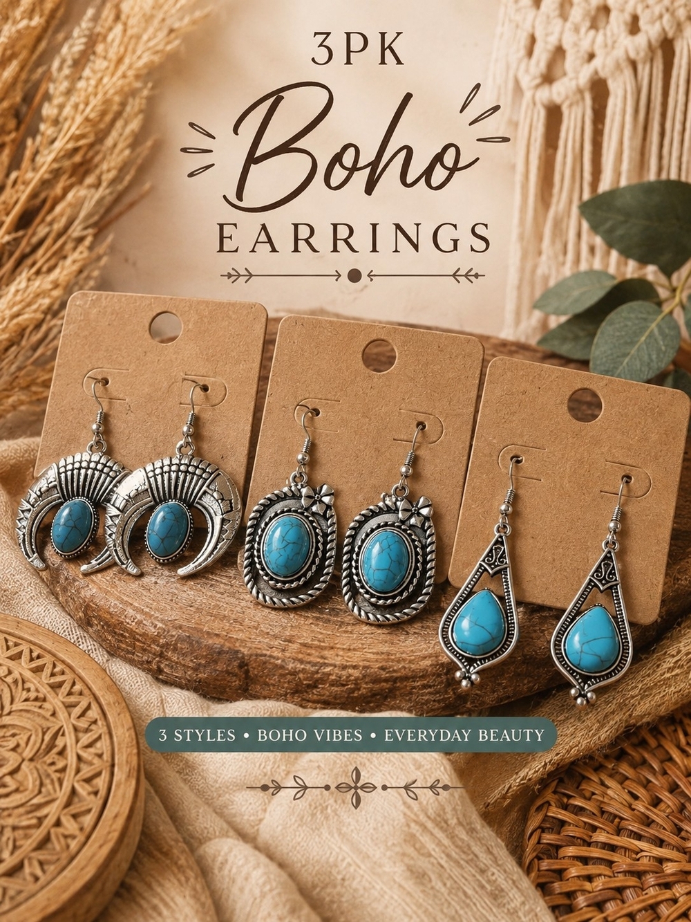 201. 3-Pack Boho Turquoise Drop Earrings — Silver-Tone